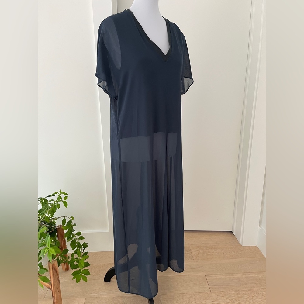ZARA Long Sheer Tunic Partial Lining Front Slit Short Sleeve V Neck Lagenlook